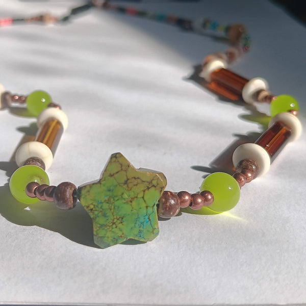 African Turquoise ,Cats Eye, Amber Bead Necklace 