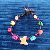 Black Leather Wire Wrapped Glass Butterfly Multicolored Howlite Skull Bracelet