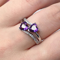 Twin Flame Czech Crystal Double Heart Silver Plated Ring Band