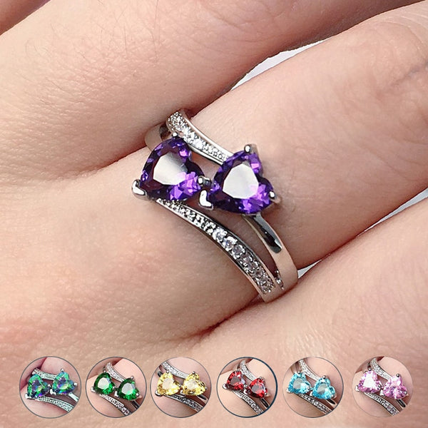 Twin Flame Czech Crystal Double Heart Silver Plated Ring Band